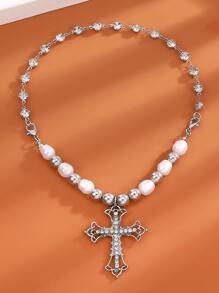 鑽石和人造珍珠裝飾的迷人項鍊 - 銀色 - 查看 2