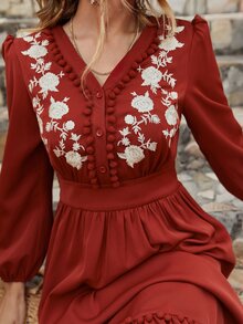 Floral Embroidery Lantern Sleeve Pompom Ruffle Hem Dress - Rust Brown - View 3