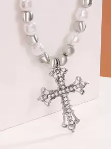 鑽石和人造珍珠裝飾的迷人項鍊 - 銀色 - 查看 3