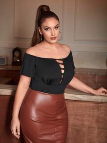 SHEIN SXY Plus Cut Out Front Off Shoulder Bodysuit - Black - View 3