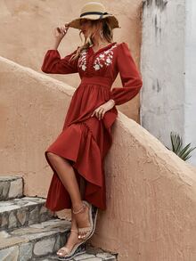 Floral Embroidery Lantern Sleeve Pompom Ruffle Hem Dress - Rust Brown - View 4