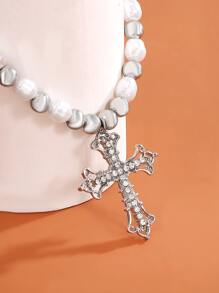 鑽石和人造珍珠裝飾的迷人項鍊 - 銀色 - 查看 5