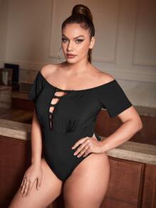 SHEIN SXY Plus Cut Out Front Off Shoulder Bodysuit - Black - View 4
