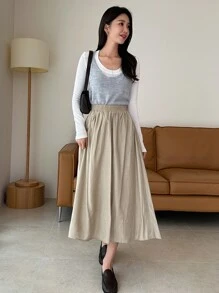 DAZY 彈性腰帶隱藏口袋半身裙 - 卡其色 - 查看 2