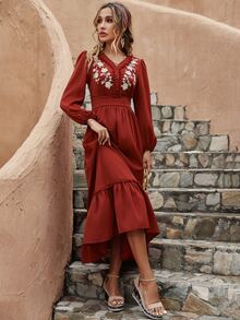 Floral Embroidery Lantern Sleeve Pompom Ruffle Hem Dress - Rust Brown - View 6