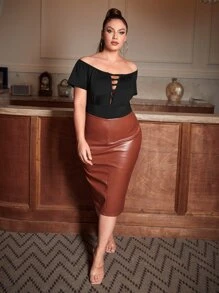 SHEIN SXY Plus Cut Out Front Off Shoulder Bodysuit - Black - View 5