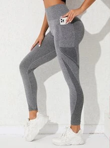 Yoga Futuristic Heather Grey Yoga Leggings Seamless Tummy Control Gym Tights With Side Phone Pocket - Light Grey - View 1