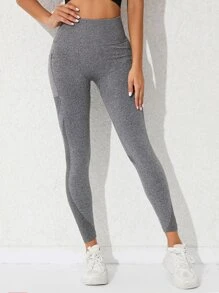 Yoga Futuristic Heather Grey Yoga Leggings Seamless Tummy Control Gym Tights With Side Phone Pocket - Light Grey - View 4