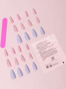 Elevate Your Style with 24pcs Long Almond White Pink Heart Pattern Fake Nail & 1pc Nail File & 1sheet Tape