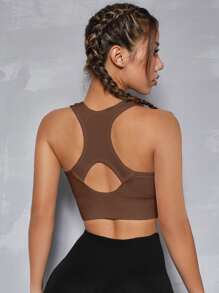 SHEIN Sports Cut Out Back Ruched Zip Up Sports Bra - Coffee Brown - View 2