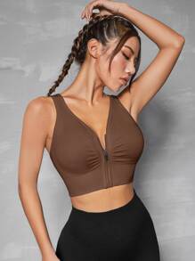 SHEIN Sports Cut Out Back Ruched Zip Up Sports Bra - Coffee Brown - View 5