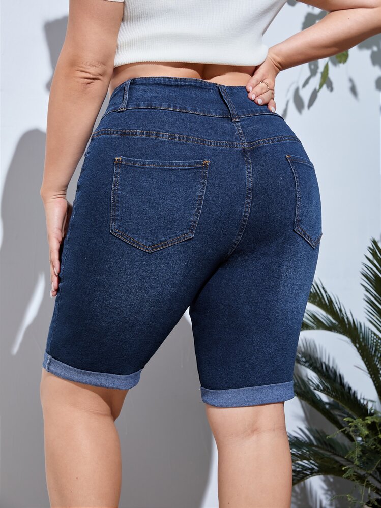 SHEIN SXY Plus High Waist Roll Hem Denim Shorts - Dark Wash - View 2
