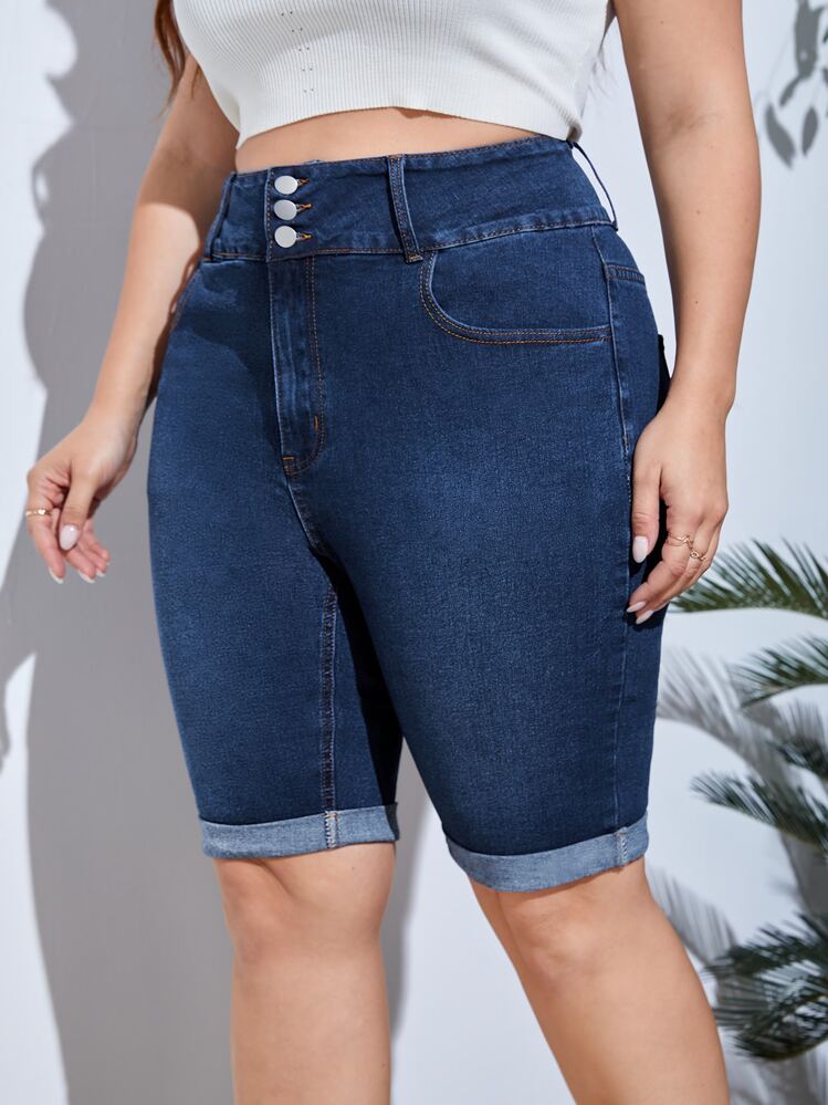 SHEIN SXY Plus High Waist Roll Hem Denim Shorts - Dark Wash - View 3