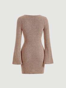 SHEIN MOD Lace Up Front Bell Sleeve Rib-knit Dress - Khaki - View 4