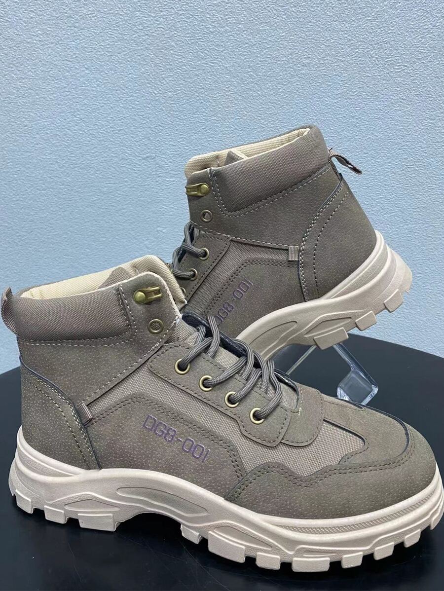 Men Lace-up Front Hiking Boots - Khaki - View 1