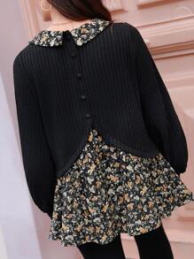 SHEIN Frenchy Ditsy Floral Print Button Back Ruffle Hem 2 In 1 Tee Winter Black Flower Black - Black - View 1