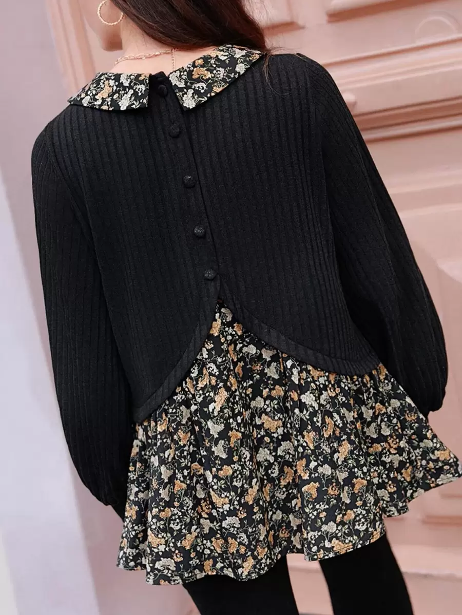 SHEIN Frenchy Ditsy Floral Print Button Back Ruffle Hem 2 In 1 Tee Winter Black Flower Black - Black - View 1