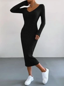 SHEIN Essnce Vestido ajustado tejido de canalé - Negro - Ver 4