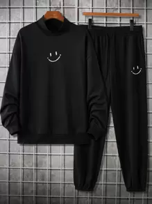Manfinity Men Cartoon Graphic Mock Neck Drop Shoulder Sweatshirt & Joggers - Black - View 1