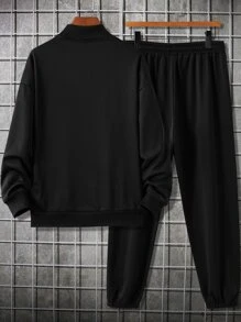 Manfinity Men Cartoon Graphic Mock Neck Drop Shoulder Sweatshirt & Joggers - Black - View 2