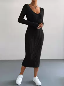 SHEIN Essnce Vestido ajustado tejido de canalé - Negro - Ver 5