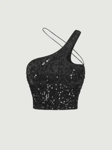 SHEIN ICON One Shoulder Sequin Top - Black - View 1