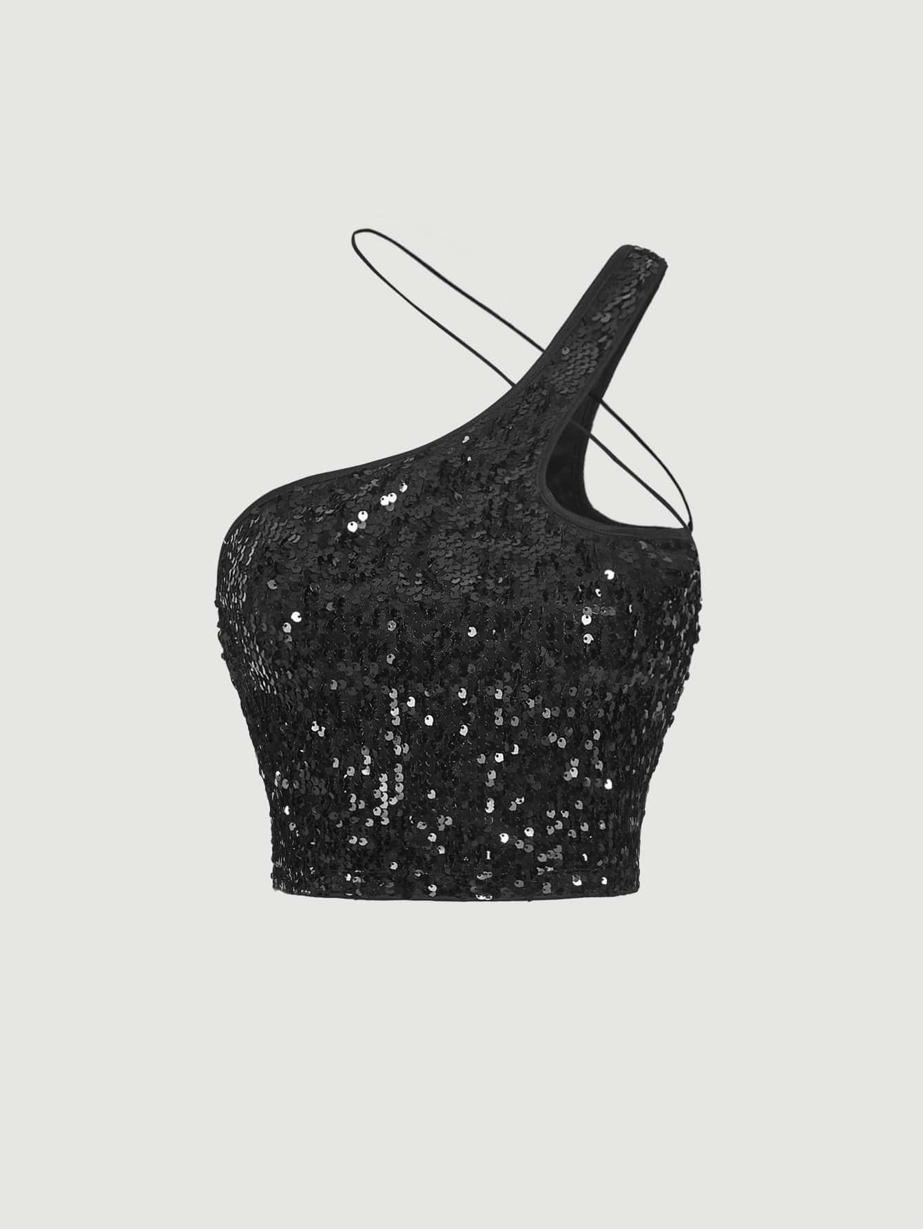 SHEIN ICON One Shoulder Sequin Top - Black - View 1