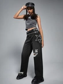 ROMWE Grunge Punk Jeans de pierna amplia con estrella desgarro