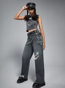 ROMWE Grunge Punk Star Ripped Flare Leg Jeans - Grey - View 4