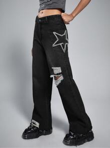 ROMWE Grunge Punk Jeans de pierna amplia con estrella desgarro