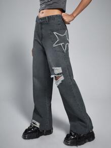 ROMWE Grunge Punk Star Ripped Flare Leg Jeans - Grey - View 5