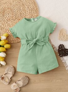 SHEIN Baby Frill Trim Belted Romper - Lime Green - View 1