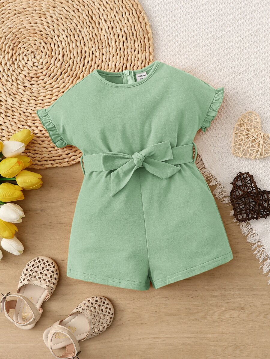 SHEIN Baby Frill Trim Belted Romper - Lime Green - View 1