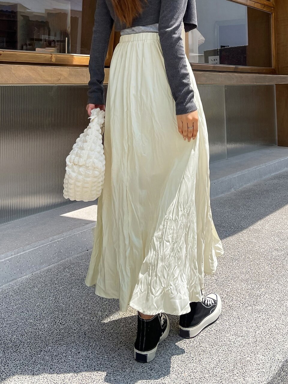 Solid High Waist Wrinkled Skirt