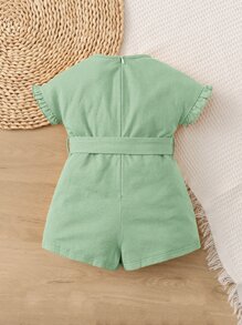 SHEIN Baby Frill Trim Belted Romper - Lime Green - View 2
