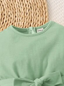 SHEIN Baby Frill Trim Belted Romper - Lime Green - View 4