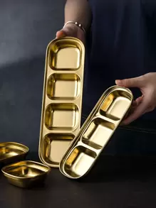 1pc Multi-Grid Stainless Steel Sauce Dish, Serving Plate, Salt Vinegar Sugar Condiment Dipping Bowl ,Kitchen,Christmas Gift,School Supplies