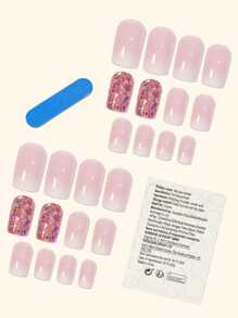 立即升級您造型，24入組長方形粘亮片白色漸變完全覆蓋假指甲，適合女士和女孩 - 彩色 - 查看 2