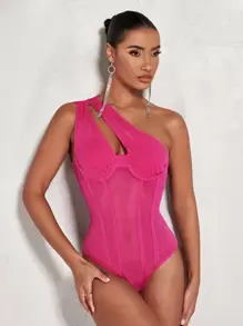 SHEIN BAE One Shoulder Cut Out One Shoulder Mesh Panel Bustier Bodysuit - Hot Pink - View 1