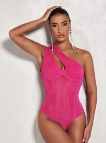 SHEIN BAE One Shoulder Cut Out One Shoulder Mesh Panel Bustier Bodysuit - Hot Pink - View 6