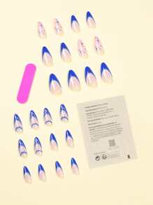 提升你風格帶24入組長款杏仁藍色法語星星印花假指甲和1入組指甲銼和1張膠帶 - 彩色 - 查看 2