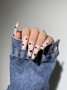 Transform Your Nails with 24pcs Long Coffin Baby Pink Heart Pattern Fake Nail & 1pc Nail File & 1sheet Tape - Pink - View 1