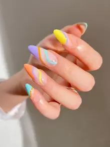Instantly Upgrade Your Look with 24pcs Long Almond Iridescent French Line Fake Nail & 1pc Nail File & 1sheet Tape - Multicolor - View 1