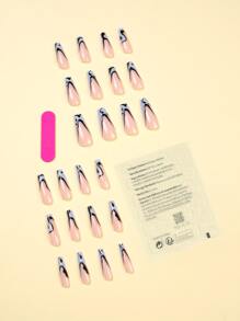 Elevate Your Style with 24pcs Long Coffin French Striped Fake Nail & 1pc Nail File & 1sheet Tape - Multicolor - View 2