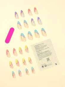 Instantly Upgrade Your Look with 24pcs Long Almond Iridescent French Line Fake Nail & 1pc Nail File & 1sheet Tape - Multicolor - View 2