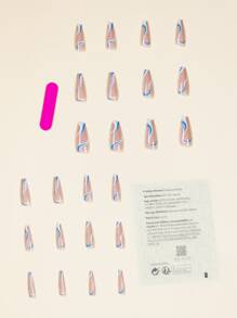 24pcs Nordic Long Ballerina Nail Nails Nude White Stripe Blue Stripe Nail Press On Nails Acrylic Nails Fake Nails Manicure Set Includes 1sheet Adhesive Tabs & 1pc Mini File Perfect For Everyday Wear - Blue - View 2