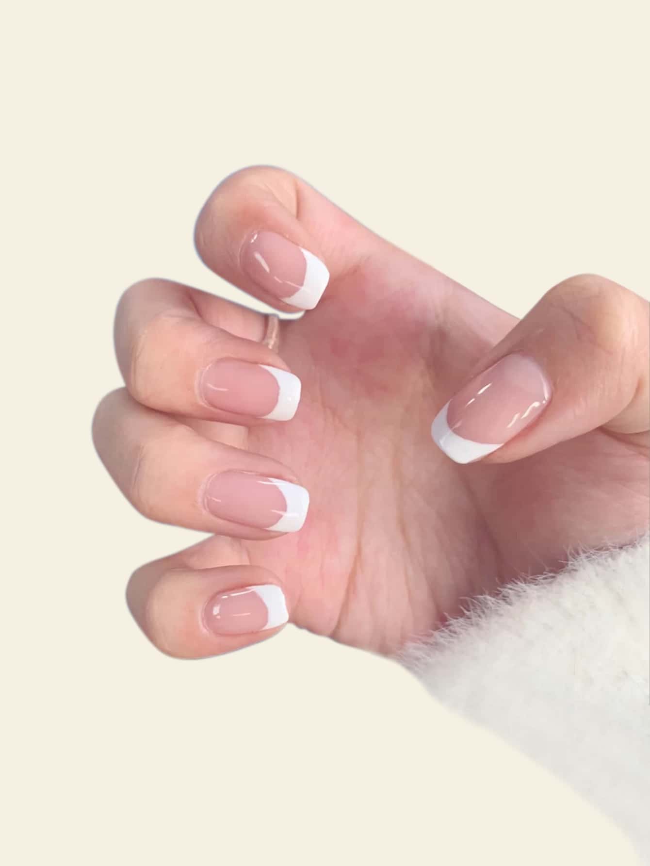 24pcs Jelly Pink Fake Nail With Milk White Edge Decal, PressOn