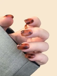 24pcs Short Square Fake Nail & 1pc Nail File & 1sheet Tape - Brown - View 1