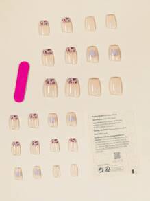 24pcs Long Square Fake Nail & 1pc Nail File & 1sheet Tape - Pink - View 2