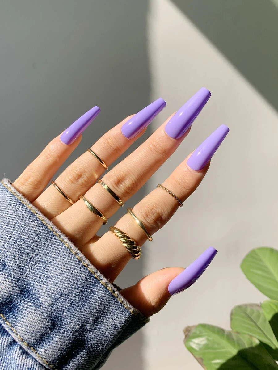 24pcs Long Coffin Fake Nail & 1pc Nail File & 1sheet Tape - Purple - View 1